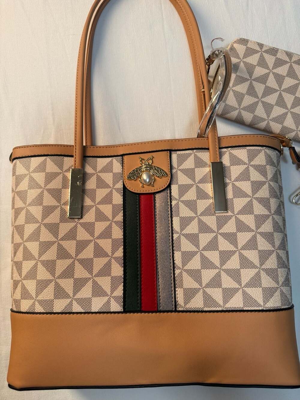 Geometric Pattern Bee Embellished Tote Bag with Matching Wallet Set